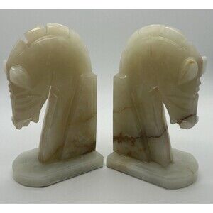 Vintage White Marble Onyx Stone Trojan Horse Head Bookends MCM READ